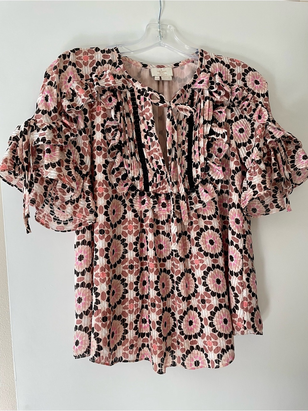 kate spade Ruffle Sleeve Silk Blend Top XXS Pink Floral Mosaic By the Pool Lined